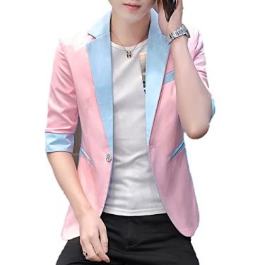 Imagem de Blazer masculino de um botão verão fino manga média terno jaqueta casual slim fit casaco leve negócios festa de casamento ao ar livre, rosa, 2GG (busto: 106 cm)