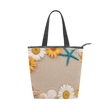 Imagem de Bolsa feminina de lona durável linda concha do mar areia grande capacidade sacola de compras bolsa de ombro
