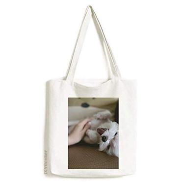 Imagem de Bolsa de lona com foto fofa de animal de estimação branca bolsa de compras casual bolsa de compras