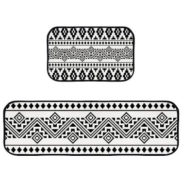 Imagem de My Little Nest Conjunto de tapetes de cozinha Ikat Astec preto branco anti fadiga tapetes de cozinha 2 peças tapete acolchoado confortável para sala de jantar, lavanderia, escritório
