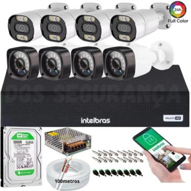 Imagem de Kit 8 Câmeras Segurança Full HD 1080p 2MP Bullet 20M Infra c/4 Full Color+DVR Intelbras 1008c 500GB
