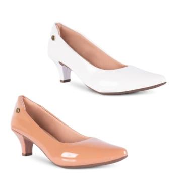 Imagem de Kit 2 Sapato Scarpin Feminino Verniz Salto Baixo Fino Confortável R2.26 (Nude/Branco, BR, Adulto, Numérico, M, 34)