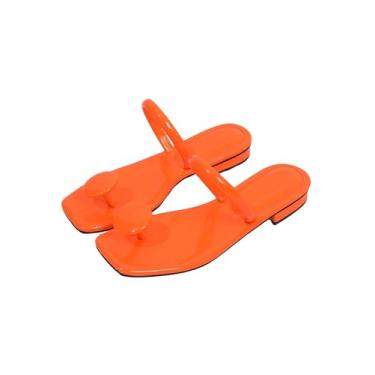 Imagem de SweatyRocks Sandálias femininas de couro PU aberto com bico quadrado e decoração redonda sandálias planas ao ar livre, Laranja, 37