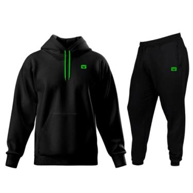 Imagem de Conjunto Moletom Apeluciado Masculino Calça E Blusa De Frio Com Bolsos E Capuz Relaxado (XG, Preto Siri 2 Verde)