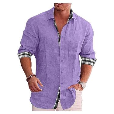 Imagem de Camisa masculina de manga comprida casual de lapela xadrez algodão linho camisa de praia camisa de botão, Roxo, XXG