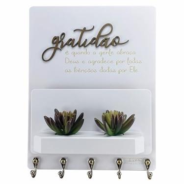 Imagem de Porta Chaves Cartas Decoração Plaza Design Gratidão Madeira Ganchos Parede Suporte Organizador Chaveiro Branco Suculenta 27,5x21,5cm