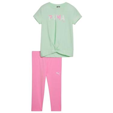 Imagem de PUMA Conjunto de 2 peças de legging capri de poliéster/elastano e camiseta de jérsei SS para meninas, verde pastel claro, 5, Verde pastel claro, 5