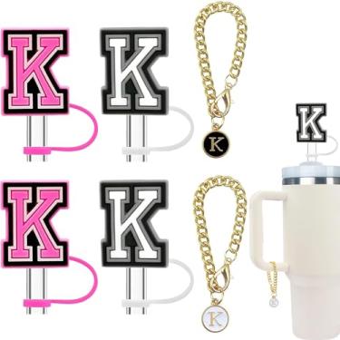 Imagem de Haundry Pacote com 4 capas de canudo para copo Stanley, tampa de palha reutilizável de 10 mm com 2 peças, acessórios de pingente de letra inicial para copo Stanley com alça, rosa e branco K