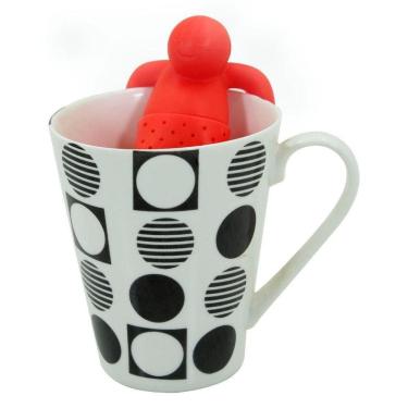 Imagem de Kit Caneca Poá Bolinhas Monocromática Cerâmica 330ml E Boneco Infusor De Chá Silicone