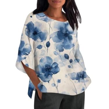 Imagem de Camiseta feminina de linho, margarida, estampada, manga 3/4, plus size, gola redonda, moderna, casual, para sair, Azul, M