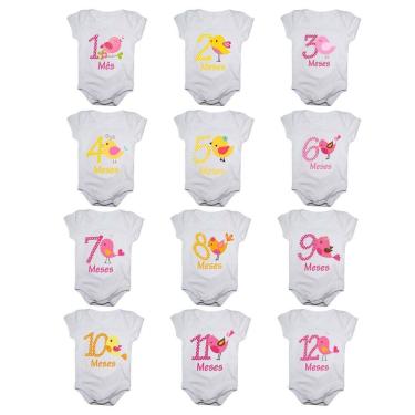 Imagem de Kit body bebê mesversario manga curta estampa passarinhos 12 bodies 1 a 12 meses