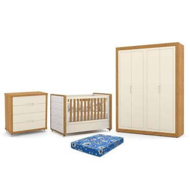 Imagem de Dormitório Tutto New 4 Portas, Cômoda 4 Gavetas e Berço com Capitonê e Colchão Physical - Matic Móveis