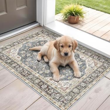 Imagem de HILORUUG Tapetes de área de entrada 5 x 7: Tapete de área lavável, tapetes orientais desgastados super macios com suporte antiderrapante - Tapete interno fino resistente a manchas -2x3 azul