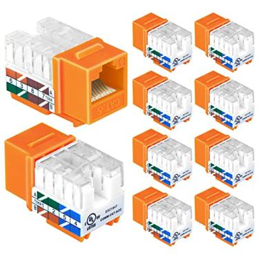 Imagem de VCELINK RJ45 Cat6 Keystone Jacks Slim Profile UL-Listed pacote com 10, adaptador de conector Keystone de 90 graus Ethernet Punch Down em laranja