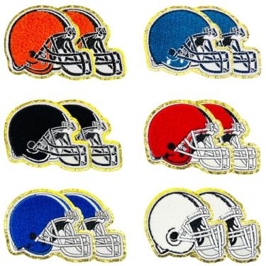 Imagem de Jongdari 12 peças de adesivos de capacete de futebol de chenille esportes ferro em massa para chapéus, mochilas, roupas, capacete de rúgbi para dia de jogo para prensa térmica com bordas douradas