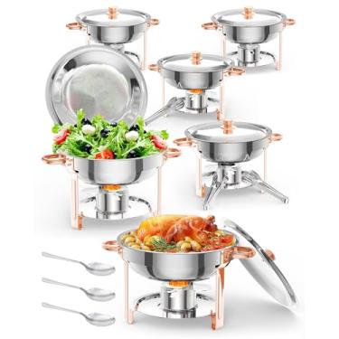 Imagem de Prato de atrito para buffet, pacote com 6, pratos redondos de 5 litros com suporte de tampa, chafers de aço inoxidável e aquecedores de alimentos com colher e pinças para festas, casamentos, eventos,