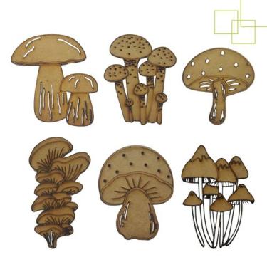 Imagem de Kit 6 Recortes MDF Formato Cogumelos Decorativos Artesanato Apliques -