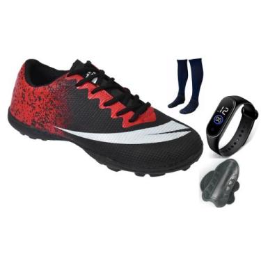 Imagem de Chuteira Society Adulto Infantil com Meião Caneleira e Relogio New - P