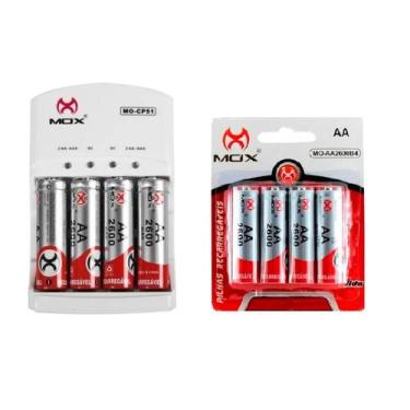 Imagem de Kit Carregador De Pilhas Mox Com 8 Pilhas Aa Recarregáveis 2600 mah