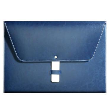 Imagem de Yufocusqc Pasta de arquivo A4 de couro PU grande porta-documentos à prova d'água com fecho artesanal (azul)