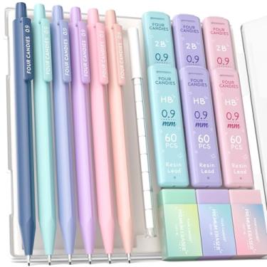 Imagem de Four Candies Lápis mecânicos de 0,9 mm, com refis de grafite HB e 2B de 0,9 mm, conjunto de borracha pastel e refis de borracha, pacote com 16 unidades com capa, material escolar bonito de estética