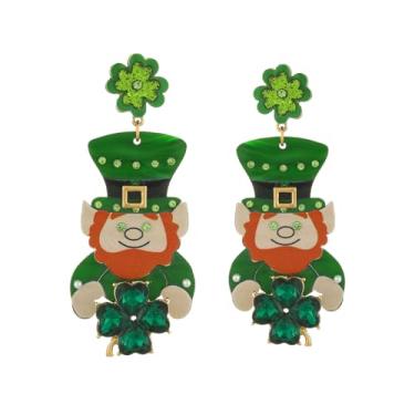 Imagem de Madison Tyler Brincos femininos pendentes de Dia de São Patrício | Brincos divertidos de trevo verde | Brincos de strass da sorte arco-íris | Brincos de duende | Presentes de joias de festa do dia de