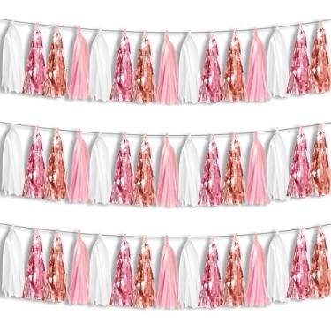 Imagem de Hysilla 3P Rosa Branco Pêssego Rosa Ouro Borlas Franjas Folha Metálica Guirlanda Banner, Borlas Banner Serpentinas para Carros Alegóricos, Despedida de Solteira, Casamento, Aniversário, Natal, Decoraç