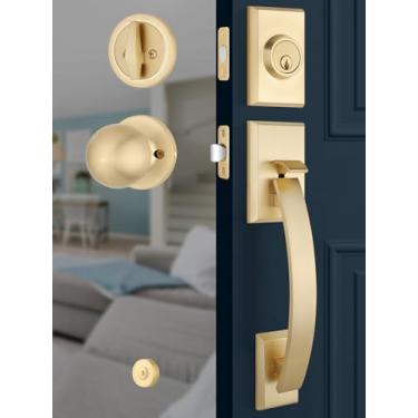 Imagem de EHOMEWARE Conjunto de fechadura de porta frontal, maçaneta frontal com fechadura única, maçaneta externa dourada, maçaneta de porta de entrada com maçaneta reversível, universal para portas do lado