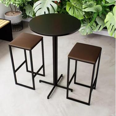 Imagem de Conjunto Mesa Alta Bar Bistrô Redonda Preta 2 Bancos Estofado Industrial Black (Marrom)