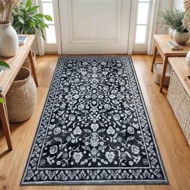 Imagem de SILOLOOM Tapete lavável vintage 7,5 x 12,7 cm para entrada, macio, marroquino, preto, azul-marinho, antiderrapante, estampa de pelo baixo, floral, 3 x 5 cm, sem queda para cozinha, quarto, escritório,