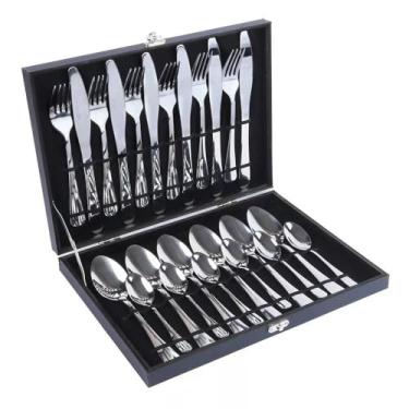 Imagem de FAQUEIRO MALETA PREMIUM KIT COM 24 PEÇAS CONJUNTO TALHERES INOX ESTOJO MADEIRA COMPLETO PRESENTE CASAMENTO
