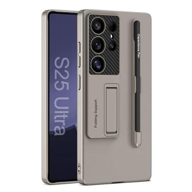 Imagem de POYUFRG Capa com suporte para Samsung Galaxy S25 Ultra/S25 Plus/S25, capa fosca ultrafina com suporte S-Pen e capa de proteção para lente da câmera, cinza, S25 Plus