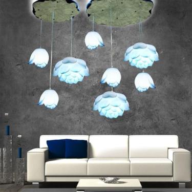 Imagem de OUFULA Luminária pendente de lótus contemporânea chinesa retrô criatividade sala de estar restaurante quarto villa hotel decoração led lustre (Blue 8 lights)
