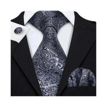 Imagem de Conjunto de Gravata e Abutões Masculinos - Seda Jacquard Preto, Branco