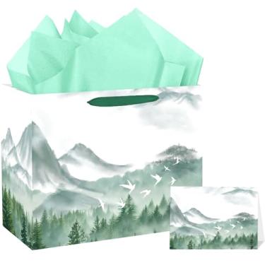 Imagem de Bolsa grande de presente de aventura para mulheres e homens Adventure Awaits Saco de papel de embrulho de chá de bebê com papel de seda e cartão de felicitações, bolsa de presente de aposentadoria,