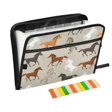 Imagem de Pastas de arquivo com padrão de cavalo, pastas de plástico com 13 bolsos, pasta de arquivos expansível para documentos, escola, estudantes, escritório, pasta estética com etiquetas tamanho A4 carta