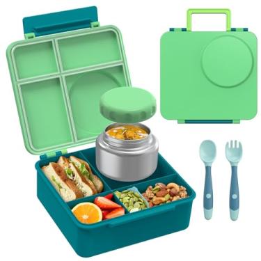 Imagem de Conjunto de lancheira Bento para crianças com garrafa térmica de sopa de 227 g, recipientes de almoço à prova de vazamento com 4 compartimentos, pote térmico para comida quente e lancheira isolada