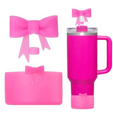 Imagem de Lnulyaciy Protetor de silicone Bow para bota Stanley para 20/30/1,134 g, pacote com 2 para acessórios Stanley Cup compatíveis de 340 a 680 g para botas Hydroflask e mais (conjunto vermelho rosa)