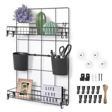 Imagem de Prateleiras flutuantes organizador de parede – 2 níveis de cestos de grade modulares prateleira multiuso suportes de copos sem broca adesivo acessórios de pendurar para dormitório, quarto, cabeceira,