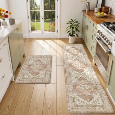 Imagem de KIMODE Tapetes Antifadiga para Cozinha, Conjunto 2 Tapetes Estilo Fazenda, Almofadados, Conforto para Ficar em Pé na Pia, Lavanderia, Escritório, 50,8 x 180,3 cm + 50,8 x 81,3 cm, cáqui