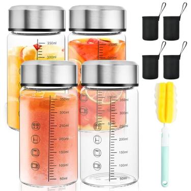 Imagem de Akamino Conjunto de 4 garrafas de suco de vidro, coqueteleira de 350 ml de boca larga com tampas e balança de aço inoxidável, recipientes vazios reutilizáveis com escova de manga para chá de leite,