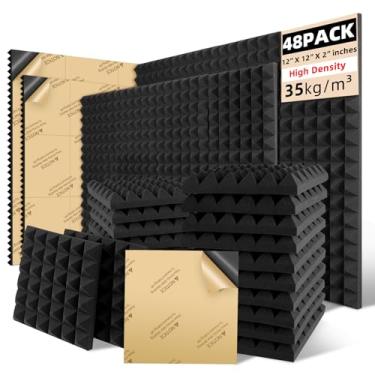 Imagem de Painéis de espuma acústica, painéis autoadesivos de absorção de som, 30 x 30 x 5 cm estilo pirâmide de alta densidade para gravação de estúdio/escritório/casa (pacote com 48, preto)