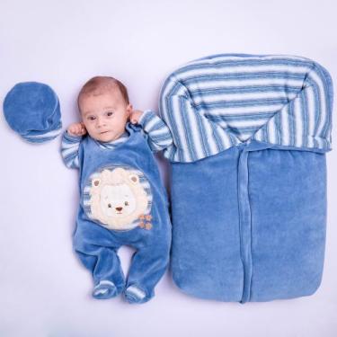 Imagem de Saída Maternidade de Plush Safari Leão Baby Azul com Saco de Dormir e 
