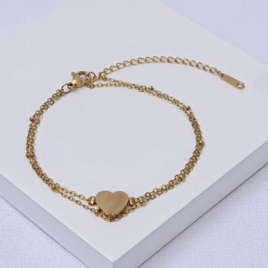 Imagem de Pulseira Dupla Aço Inox Feminina com Coração - Ralifla Semijoias
