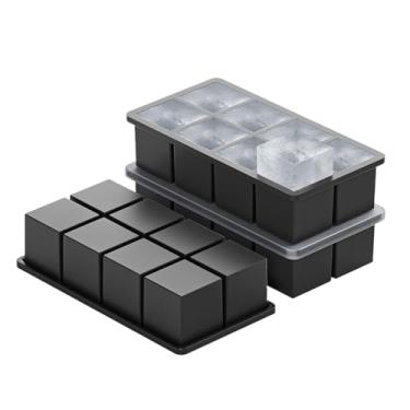 Imagem de Bandeja grande para cubos de gelo com tampa, pacote com 3, molde de cubo de gelo quadrado empilhável de silicone grande de 5 cm para coquetéis de uísque, sopas de bourbon, petiscos congelados, fácil