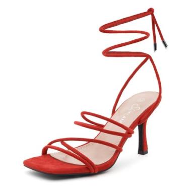 Imagem de Shoe Land SL-Lumi Salto feminino com cadarço, sandálias quadradas abertas de salto com tiras, salto alto de amarrar no tornozelo, salto agulha elegante para formatura, casamento e festa, Vermelho, 36