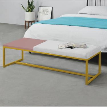 Imagem de Calçadeira Recamier Londres 160cm Industrial Dourado Corino Branco Tampo Quadrado mdf Rose - Ahz Móveis