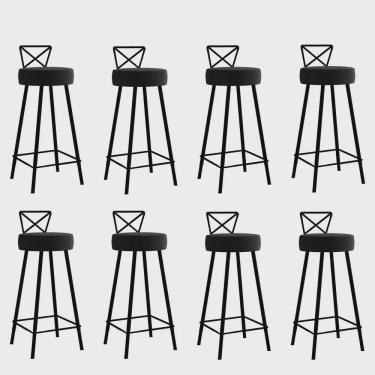 Imagem de Kit 08 Banqueta Alta Com Encosto Tânia Eiffel Cozinha Bar Bistrô Ferro Preto Sintético Preto - Ahz Móveis