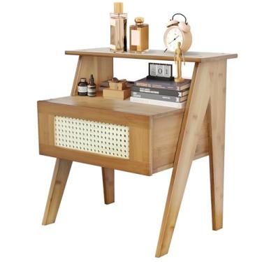 Imagem de Mesa de cabeceira de vime de madeira maciça, mesa de cabeceira boho com gavetas, mesa de canto de madeira para quarto, sala de estar, escritório
