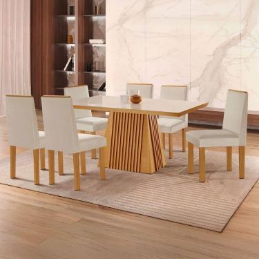 Imagem de Mesa de Jantar 6 Lugares Austrália com Vidro Castanho/Cinamomo/Suede Creme - Lj Móveis